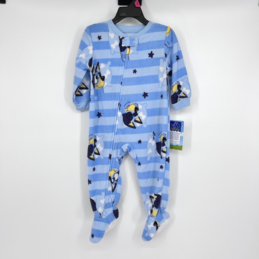 Bluey Footed Pajamas‎ Kids 18M Blue Striped Fleece Zip Up Sleeper NEW